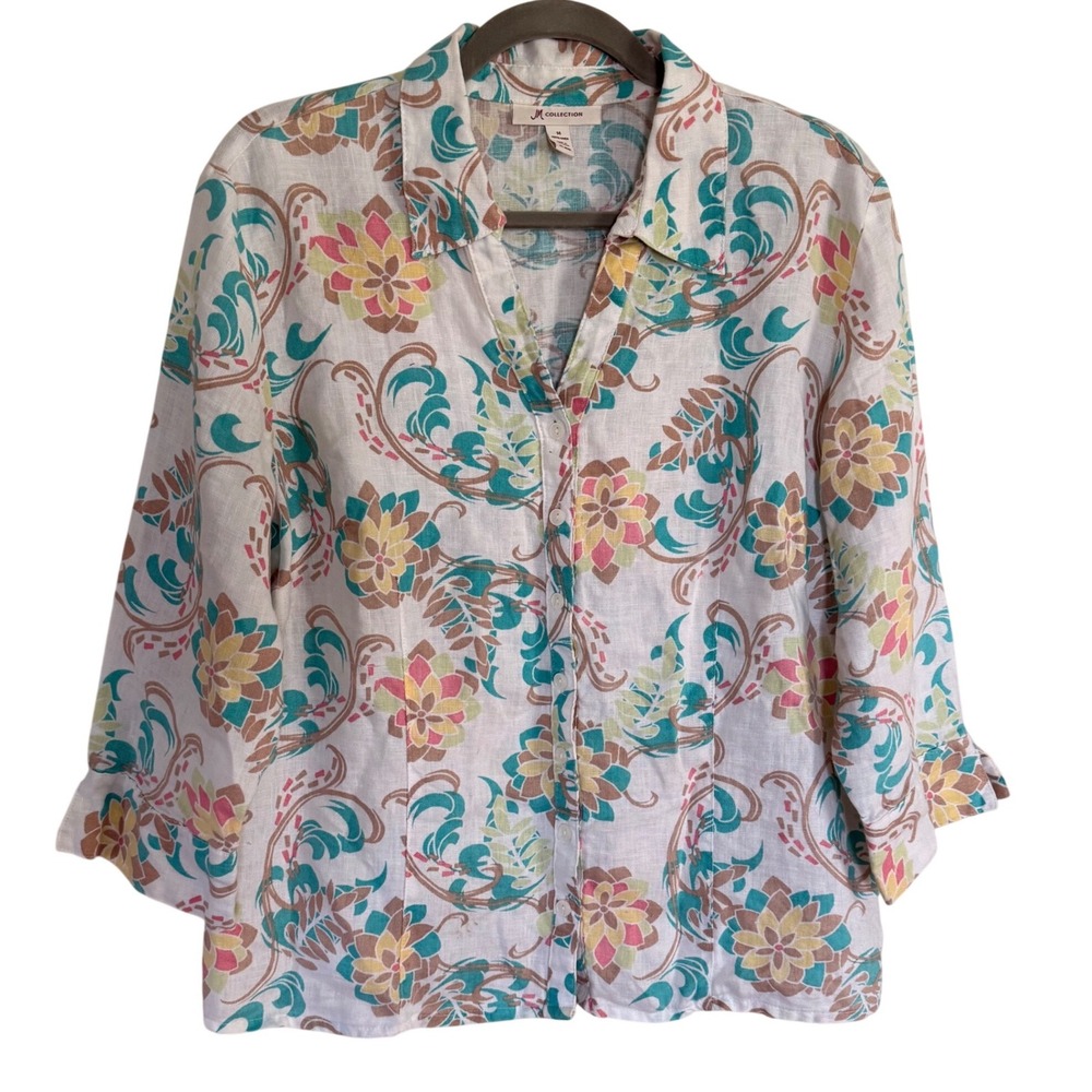 Linen Floral Paisley Button Front Blouse 3/4 Sleeve Top Size 14‎ Office Casual